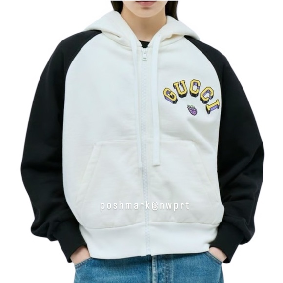 GUCCI 🍇 Hoodie Graphic Black Off White Yellow Zip Up Sweatshirt Logo S Small - Picture 14 of 15